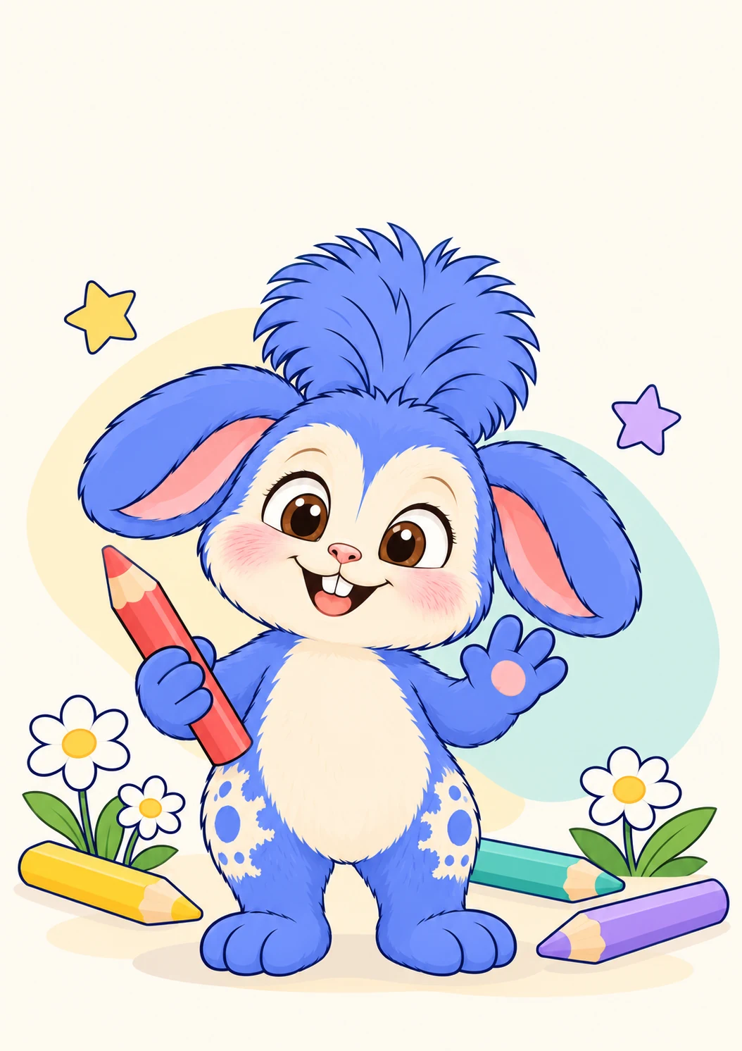 Beni azul e creme segurando um lápis, rodeado por flores e lápis coloridos