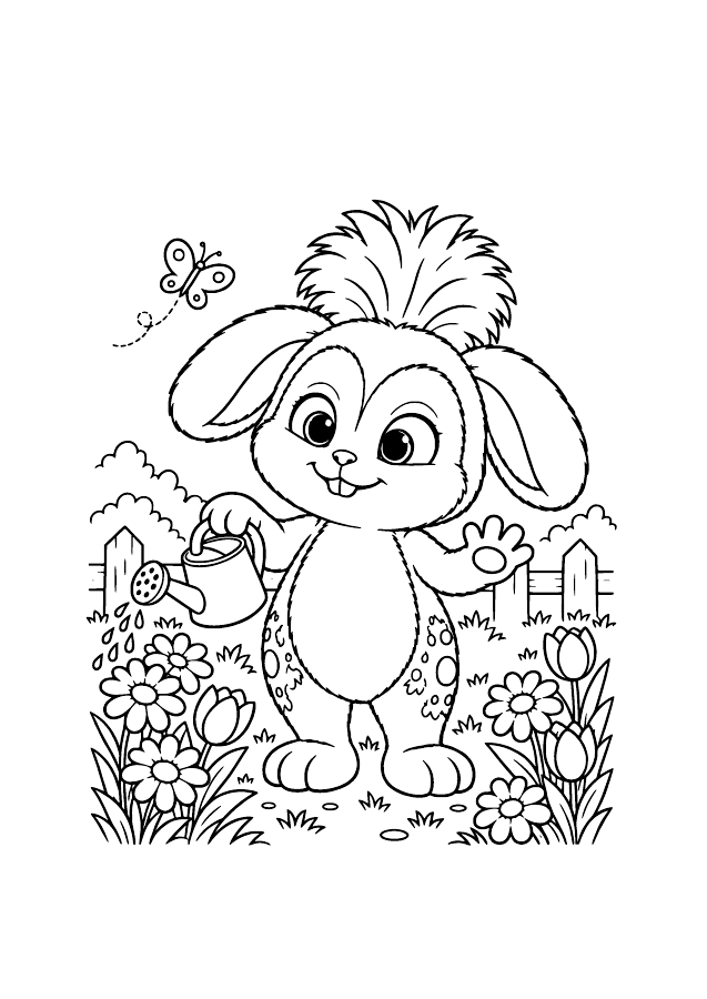 Desenho para colorir do Beni regando flores no jardim